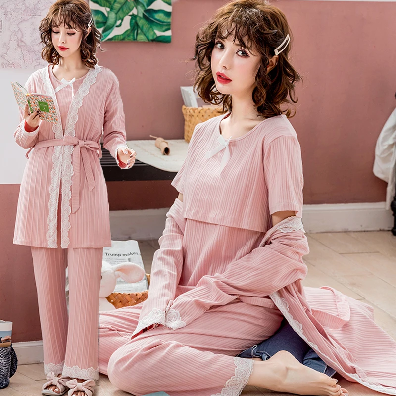 8220# комплект из 3 предметов, хлопковая Ночная одежда с принтом для беременных и кормящих, Весенняя модная одежда для сна для беременных женщин, осенняя Пижама для беременных