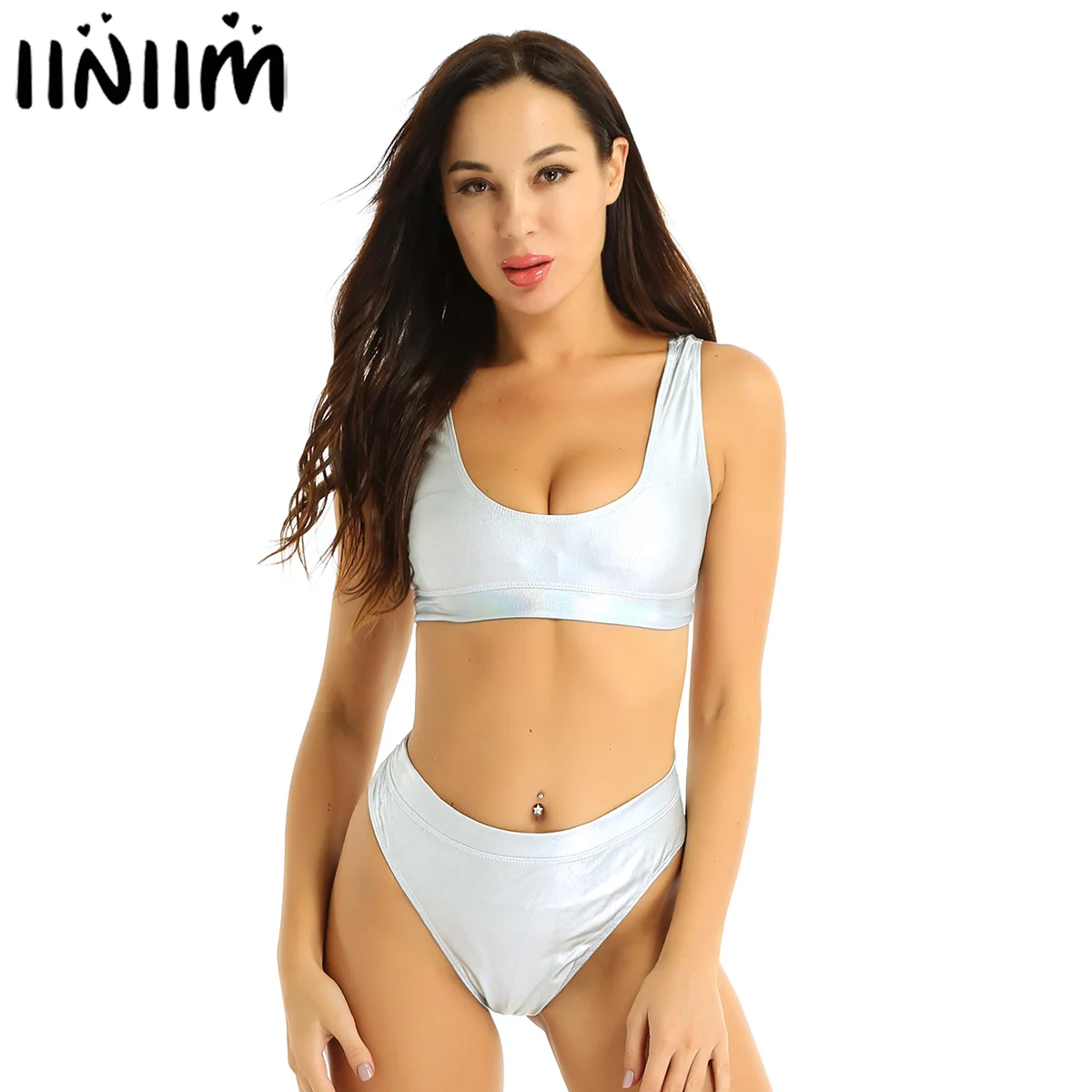 

iiniim Womens Femme Lingerie Exotic Sets Shiny Metallic Patent Leather Crop Top with High Cut Briefs Night Dancing Clubwear