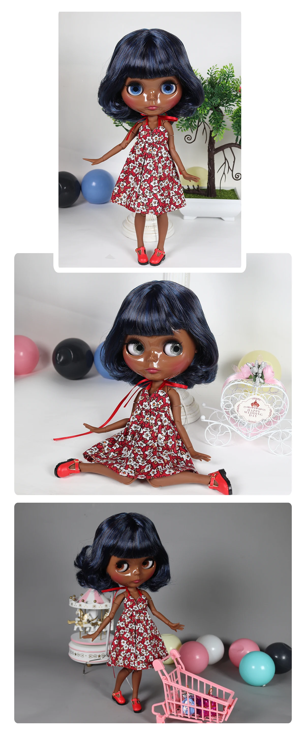 Neo Blythe Doll with Blue Hair, Black Skin, Shiny Cute Face & Custom Jointed Body 1