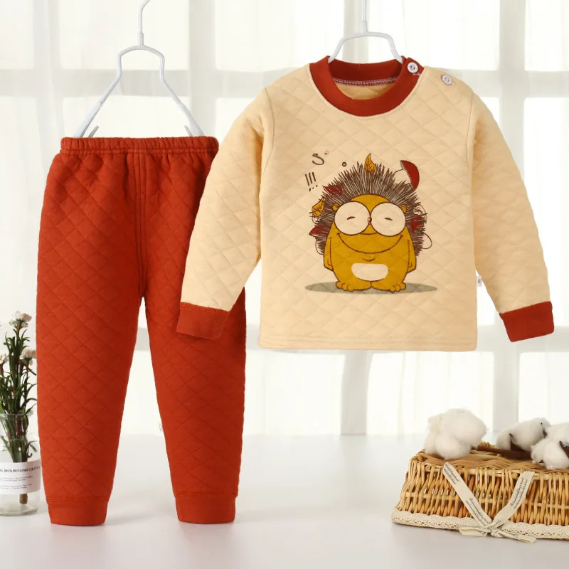 Зимний детский комплект термобелья для маленьких мальчиков и девочек, трехслойная теплая одежда из хлопка Детский костюм с брюками с высокой талией - Цвет: 002