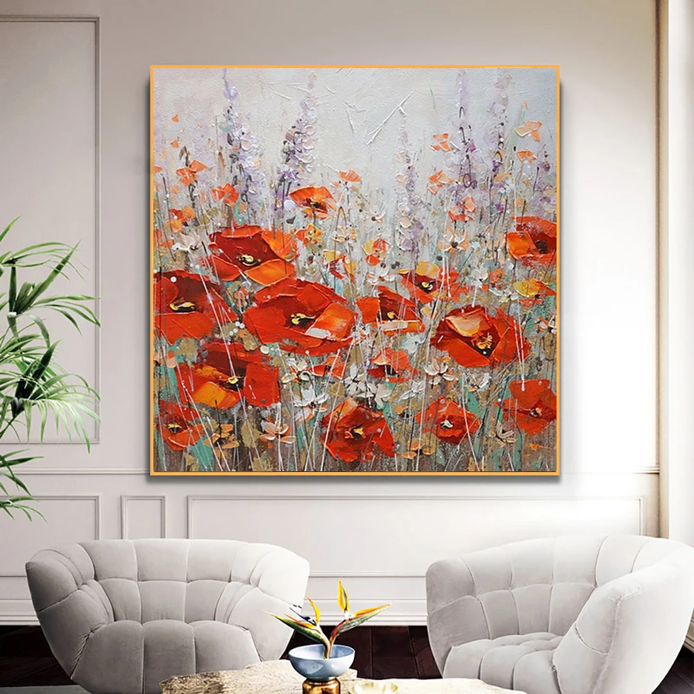 

Hand Painted Abstract 3D Red Flower Oil Painting on Canvas, Thick Oil Wall Art, Flower Painting for Living Room, Home Decoration