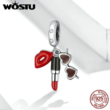 

WOSTU Lipstick and Sunglasses Pendant Charm Silver 925 Original Fashion silver Jewelry Diy make Gifts Girl Accessories FNC346