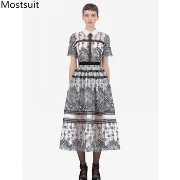 

2020 Summer Lace Embroidered Long A-line Dress Women Short Sleeve Turn-down Collar Pleated Dresses Vintage Fashion Vestidos