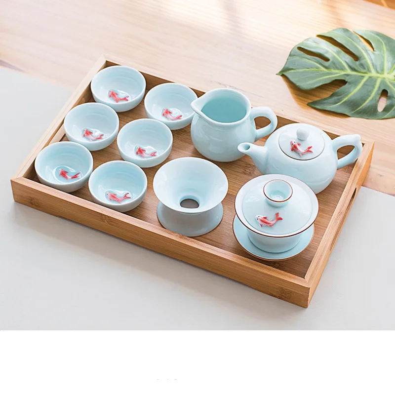 Стильный чайный набор Celadon с рыбками, пузатый чайник Kungfu, удобный для путешествий чайный набор, Офисная Бытовая Питьевая утварь WSHYUFEI
