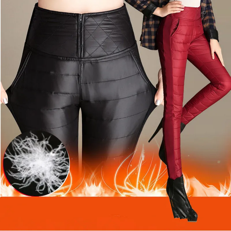 

2019 Fleece Down Pants Women Winter Candy Color High Waist Trousers Casual Warm Thicken OL Pants New Sexy Streetpants P9204