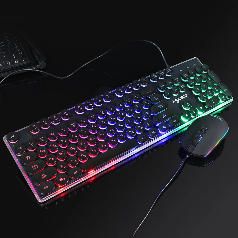 HXSJ V300 Russian Round Keycap Rainbow Suspension Backlit Gaming Keyboard+Mice 