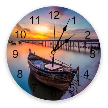 

Beautiful Aurora Sunset Landscape Beach Boat Wall Clock Modern Design Home Living Room Office Cafe Decoration Art Wall Watch