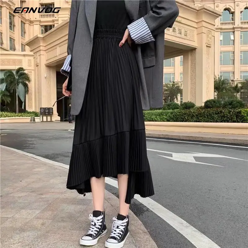 EAnvog, новинка, Корейская версия, нестандартная плиссированная шифоновая юбка средней длины, Женская многослойная юбка с высокой талией