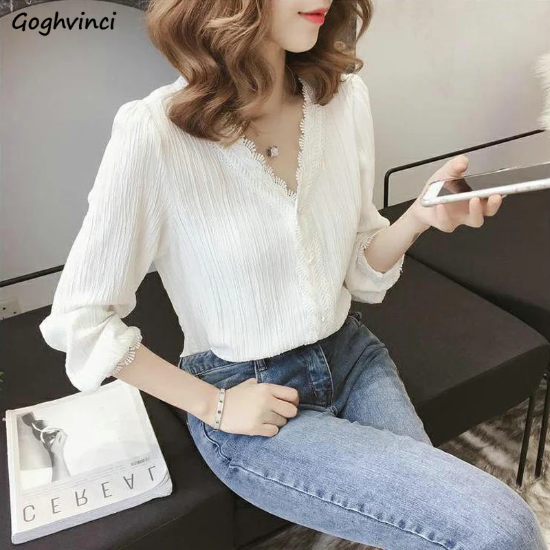 

Women Blouses V-neck Chiffon Summer Solid Korean Style Lace Lined Female Button Elegant Slim Ulzzang Leisure All-match Simple