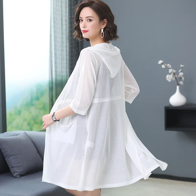 

Женская Солнцезащитная рубашка, Летняя трикотажная одежда с капюшоном, женский длинный кардиган с рукавом до локтя, вязаная верхняя одежда