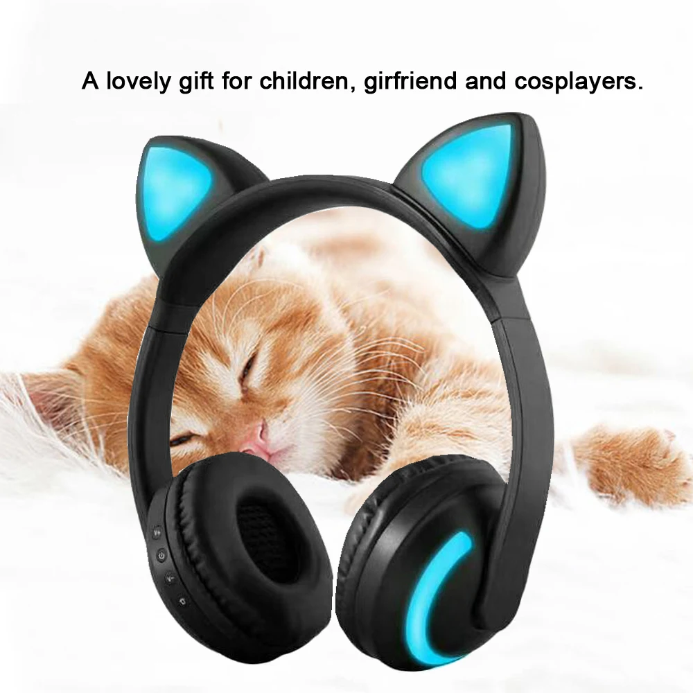 Беспроводные наушники Bluetooth, светящиеся наушники с кошачьими ушками, стерео Музыкальная гарнитура с микрофоном, регулируемая повязка на голову для женщин, подарок для девочек