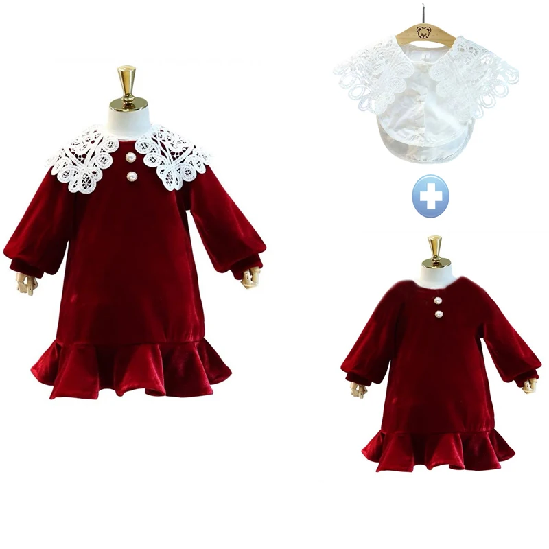 Новинка года, стильное осенне-зимнее платье для девочек модное рождественское платье с кружевным воротником для маленьких девочек милое платье принцессы для девочек#8256