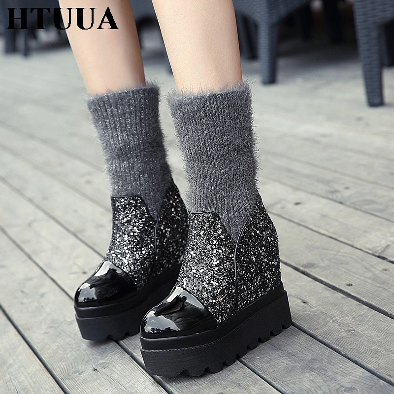HTUUA/зимние сапоги из расшитой блестками ткани женские сапоги на платформе без застежки из плюша черного и серого цвета женская зимняя обувь SX1592