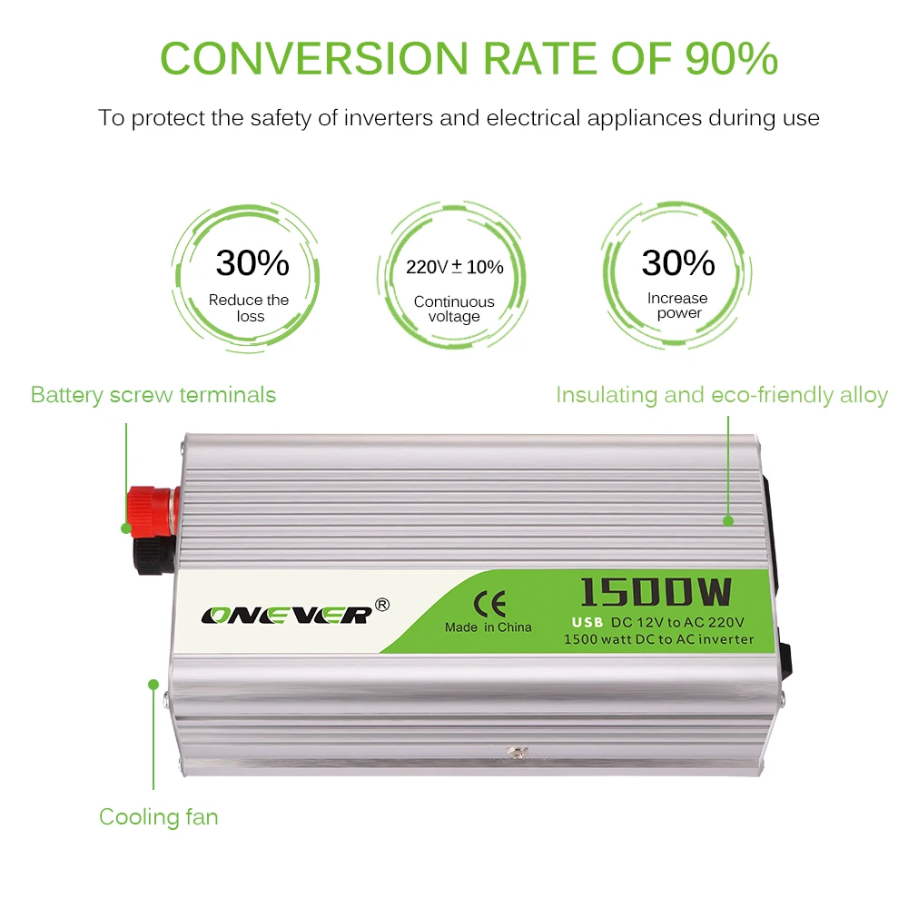 Onever DC 12V To AC 220V 1500W Power Converter Inverter With LED Indicator Light Cigarette Lighter Outlet Buzzer Alarm