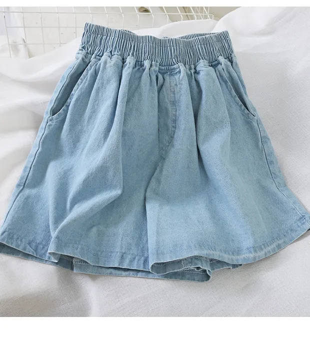 denim women shorts wide leg solid blue casual girl sweet shorts all match preppy style fashion shorts top quality