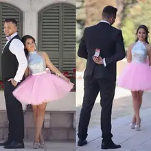 Розовые платья для выпускного вечера А-силуэт Холтер короткий мини-Тюль Блестки элегантные коктейльные платья