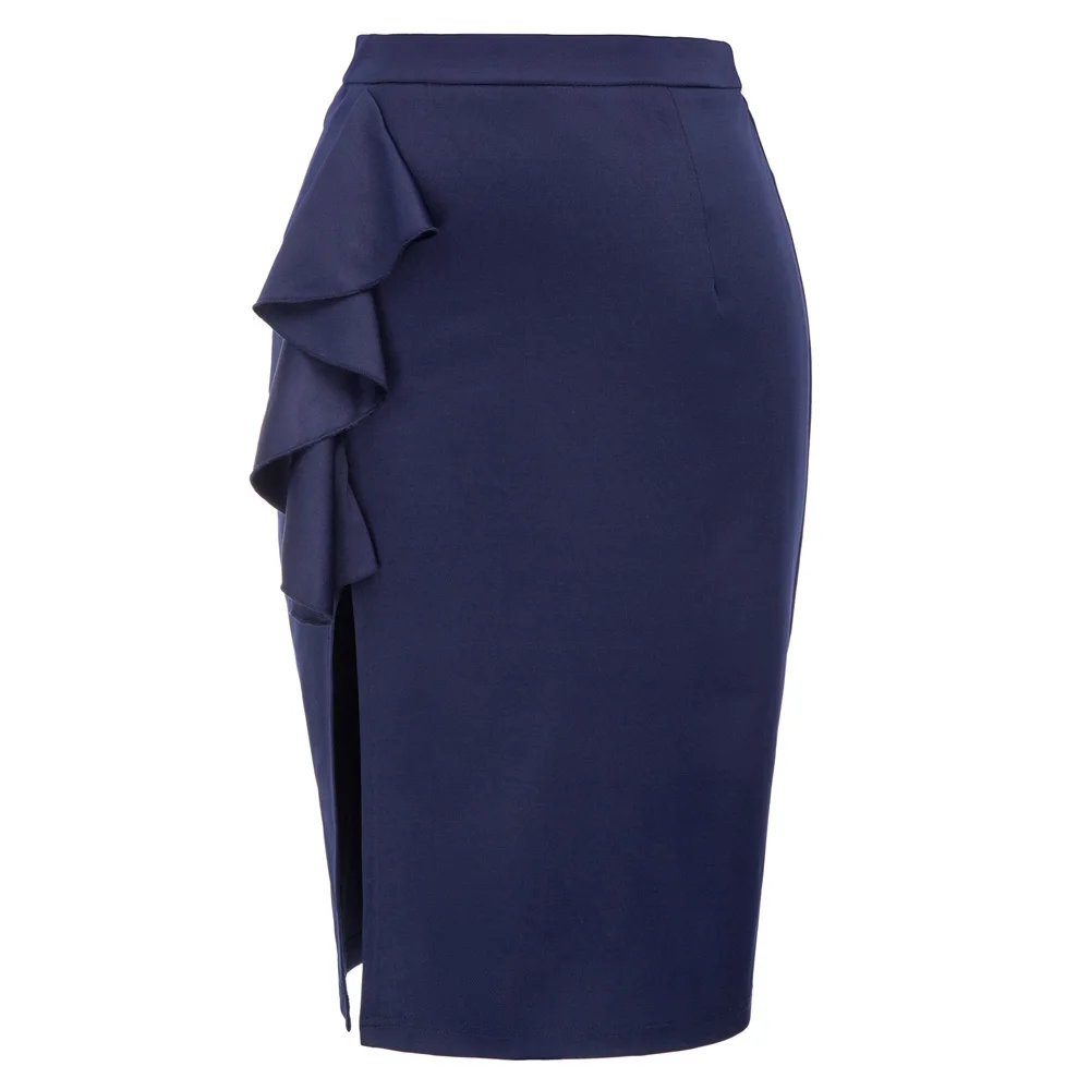 Женская Леди с высокой талией Bodycon Ruffle Сплит стрейч бизнес OL карандаш миди юбка
