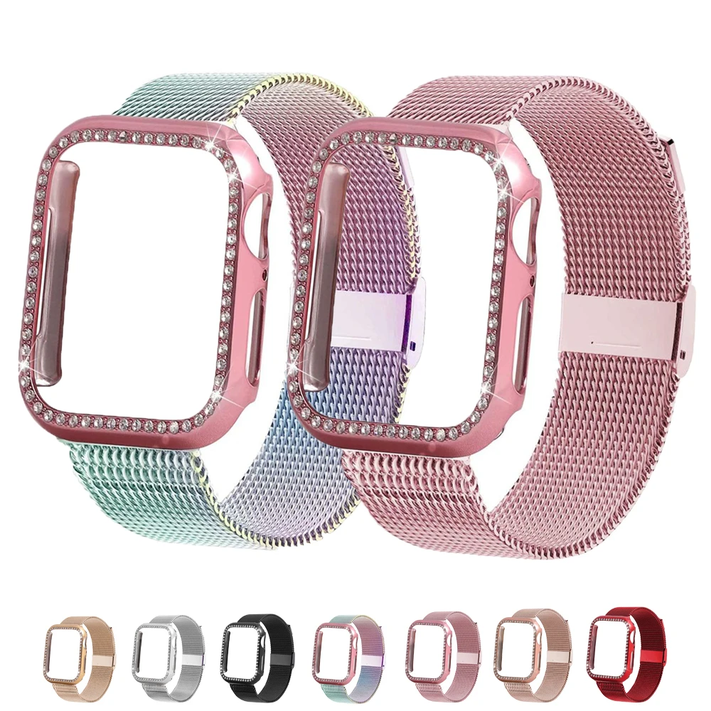 Миланская петля ремешок + чехол для Apple Watch 42 мм 38 мм ремешок iWatch4 3 2 band 44 мм 40 мм Блестящий Алмазный чехол из нержавеющей стали браслет