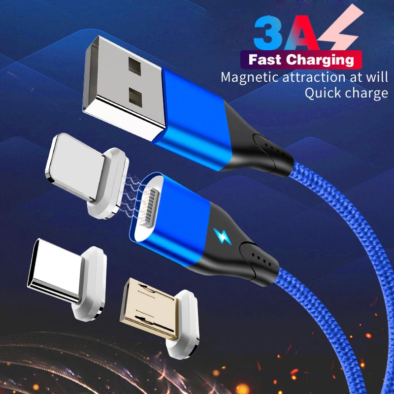 

2m Magnetic Cable 3A Fast for IPhone XS 8 7 6 Samsung Charger Micro USB Type C 3.0 Quick Charge 1m Magnet Phone Charging Cord