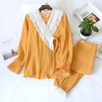 

2 Pcs Lace Pajama Set For Women Long Sleeve Cotton Sleepwear Suit Female Loose Casusl Nightwear V-Neck Solid Homewear Lingerie