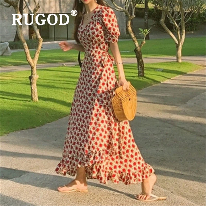 RUGOD корейское ins женское платье с цветочным принтом Новое весеннее вечернее платье с пышными рукавами vestidso модное кружевное шифоновое платье с v-образным вырезом