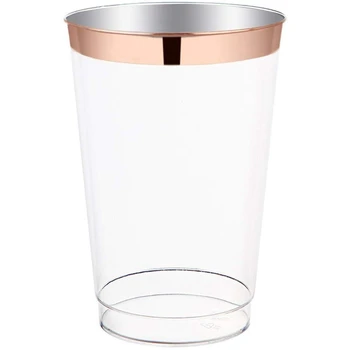 

12 Oz Rose Gold Plastic Cups-100 Pack Clear Plastic Cups with Rose Gold Rim-Wedding/Party Disposable Cups-Heavyweight Plastic Tu