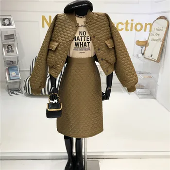 

Two piece set Women 2020 Autumn And Winter New style Crumple diamond Baseball Loose jacket + High waist skirt