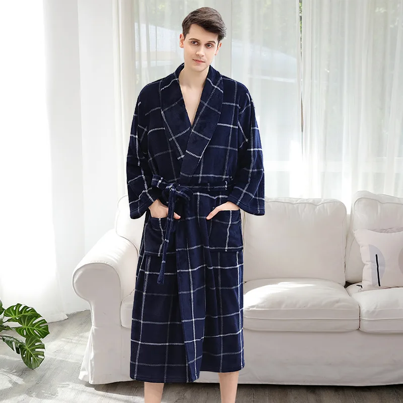 XXXL 130 кг плюс большой размер зимний мужской банный халат толстый теплый плед Фланель кимоно дом халат мужской роскошный спальный халат - Цвет: Men Plaid Navy