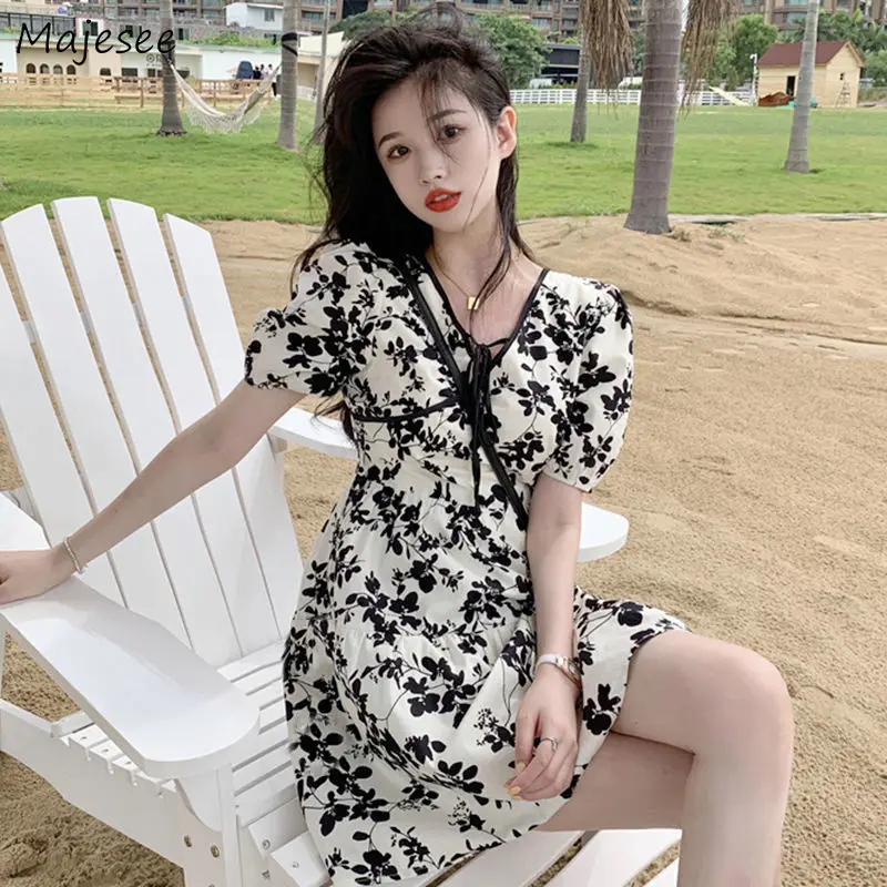 

Dresses Women Soft V-neck Puff Sleeve Mini Vintage Party High Waist Casual Daily French Romance Ulzzang Summer Streetwear Cozy
