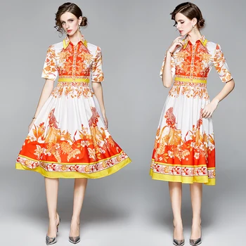 

2020 summer Women Vintage Birds Graffiti Print Casual Slim Midi Dress Female Wrist Sleeve Turn-down Collar Pleated Dresses