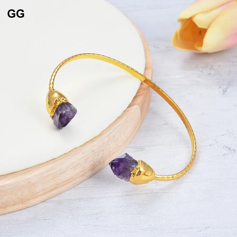 GuaiGuai Jewelry Natural Purple Amethyst Rough 24 K Yellow Golde Plated Bangle Bracelet
