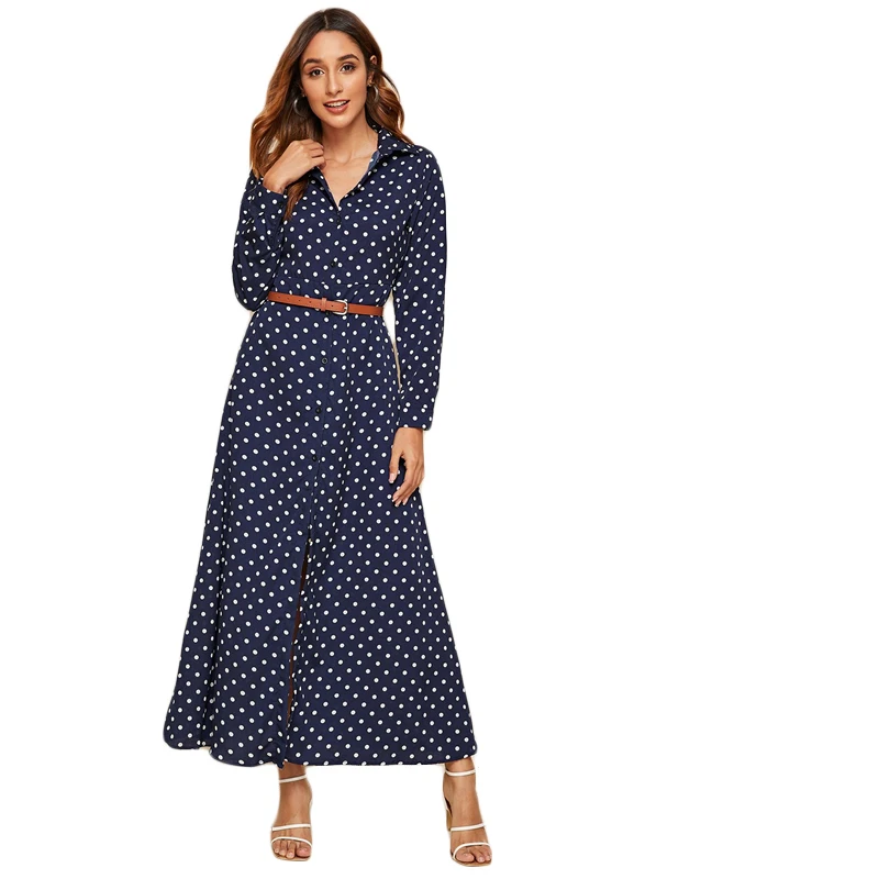 SHEIN Navy Polka Dot Print Buttoned Shirt Maxi Dress With Belted Women Autumn Long Sleeve Shift High Waist Casual Dresses