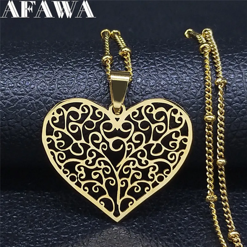 Aesthetic Love Heart Tree of Life Hollow Pendant Necklace for Women Stainless Steel Gold Color Bead Chain Jewelry collar N7173S1