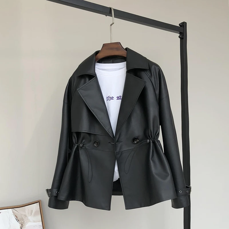 Koop Nerazzurri zwarte korte faux leren jas vrouwen plus size double breasted trekkoord lange mouwen fall 2019 pu lederen jassen