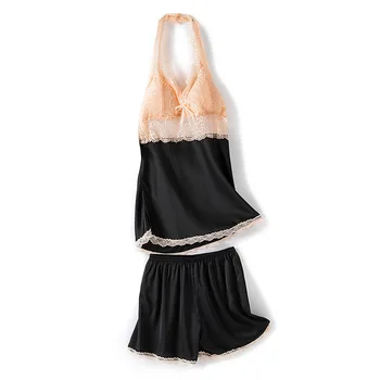 

Lady Sexy 2PCS Pajamas Suit Satin Intimate Lingerie Nightwear Spaghetti Strap Top&Shorts Perspective Sleepwear Pijamas Homewear