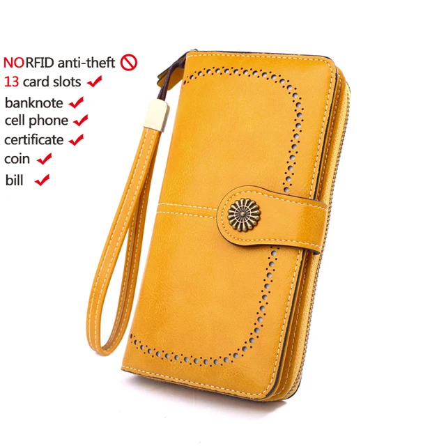 High Quality Women Wallet RFID Anti-theft Leather Wallets For Woman Long Zipper Large Ladies Clutch Bag Female Purse Card Holder W006-yellow