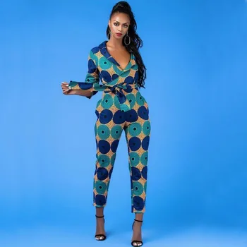 

2020 Spring African Pants Jumpsuit for Women Ankara Floral Print Sexy V-Neck Dashiki African Clothing Casual Overalls Jumpsuits