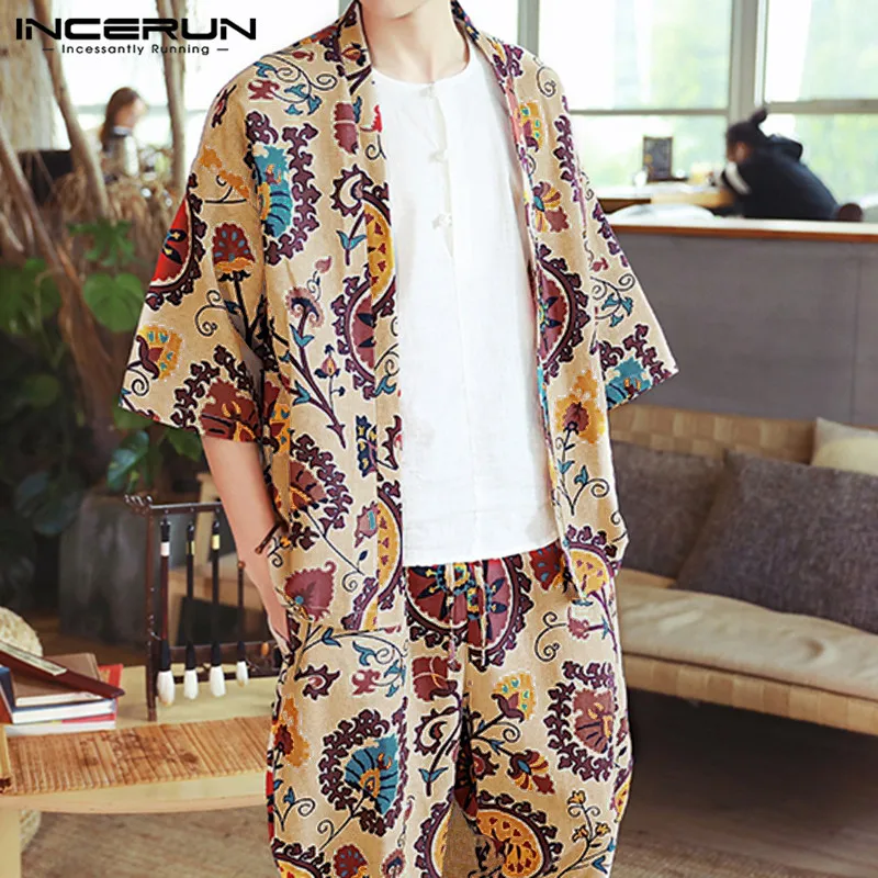 Outerwear Loose-Pants Ethnic-Style 2pieces-Sets Printed INCERUN Men Casual Cotton Vintage