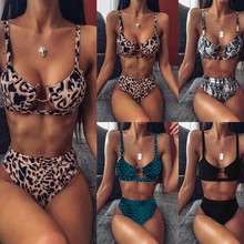 Women High Waist Swimsuit Sexy Bikini High Waist Swimwear Bathing String Bikini Sets Leopard Print Water Sports Suit For Female