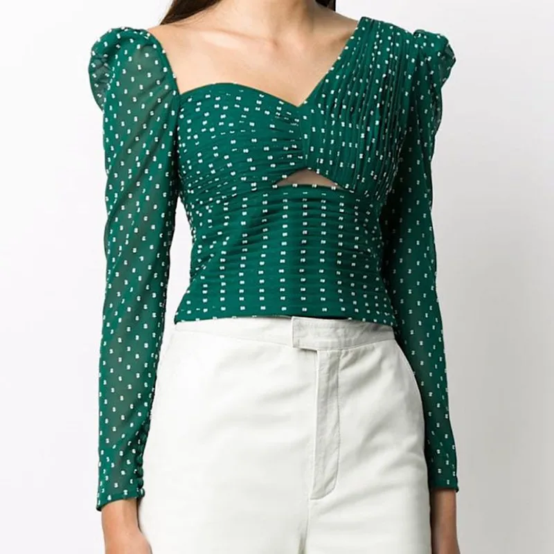 

Autumn Blouse Women 2020 Fall new Long Sleeve Polka Dot Printed Green Crop Top Hollow Out Asymmetrical Short Blusa Femme Shirt