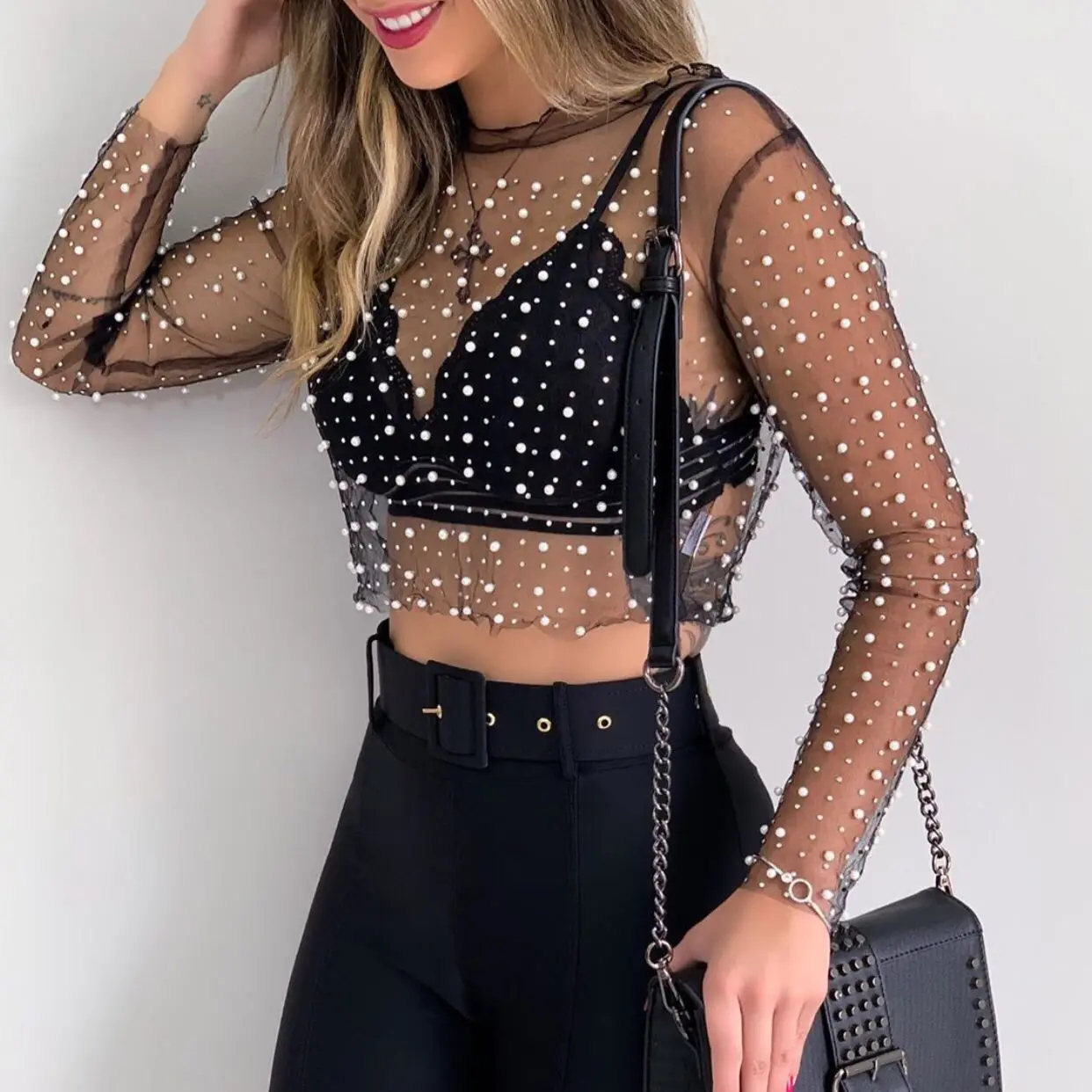 Luxury Crystal Sexy See Through Long Sleeve T-shirt Lace Night Party Club Cropped Top Lady Fashion Balck Streetwear 2025