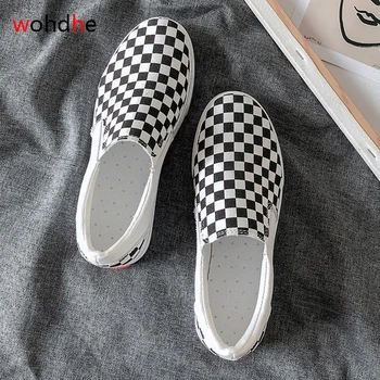 

wohdhe Women Canvas Shoes Plaid Flat Platform Vulcanized Shoes Slip On Women Spring Autumn Shoes