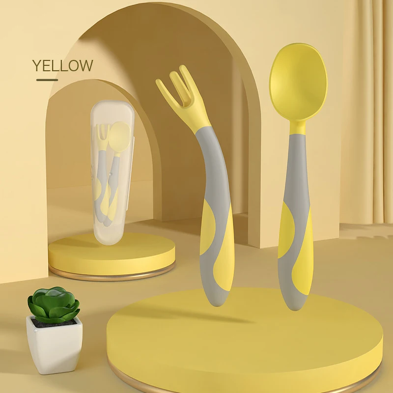 Baby Twisting Spoon Set Feeder Kids Toddler Cutlery Silicone Feeding Utensils Infant Food Grades PP+TPE Soft Spoon/Fork With Box | Мать и