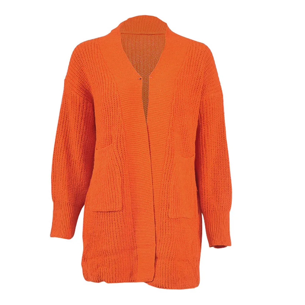 CHAMSGEND, модное женское пальто, свободный, длинный рукав, однотонный, с карманами, кардиган, топы, свитер, вязаный Тренч, пальто, меховое пальто - Цвет: Orange