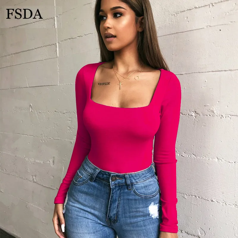 FSDA Long Sleeve Square Collar Sexy Bodysuit Women White Black Winter Autumn Winter Solid Knitted Casual Purple Lady Bodysuits