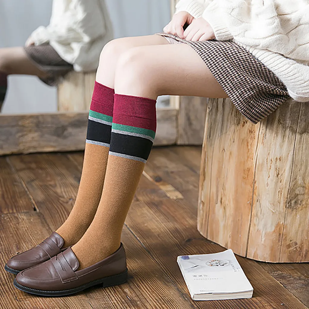 JAYCOSIN Women Harajuku Skateboard Socks Patchwork College Style Knee Socks Fashion Striped Casual Cotton Over Knee Socks Nov08