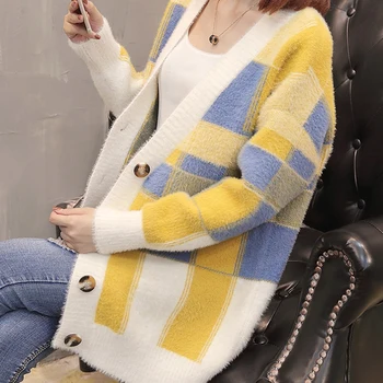 

Women's Sweaters Autumn Winter Knitting 2019 Fashionable Casual Plaid Mediun-Long Cardigans Single Breasted Long Sleeves Loose