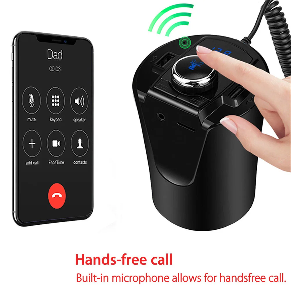

Car Bluetooth FM Transmitter Music Player Cup Holder Hands Free Calling Support U Disk TF Card Dual USB Charger Music Player