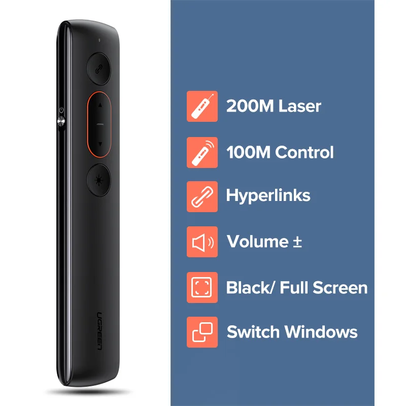 Ugreen пульт дистанционного управления ler Presenter Беспроводной 2,4 ГГц USB ручка для Mac Win 10 8 7 XP проектор Powerpoint PPT лазерная указка - Цвет: Black