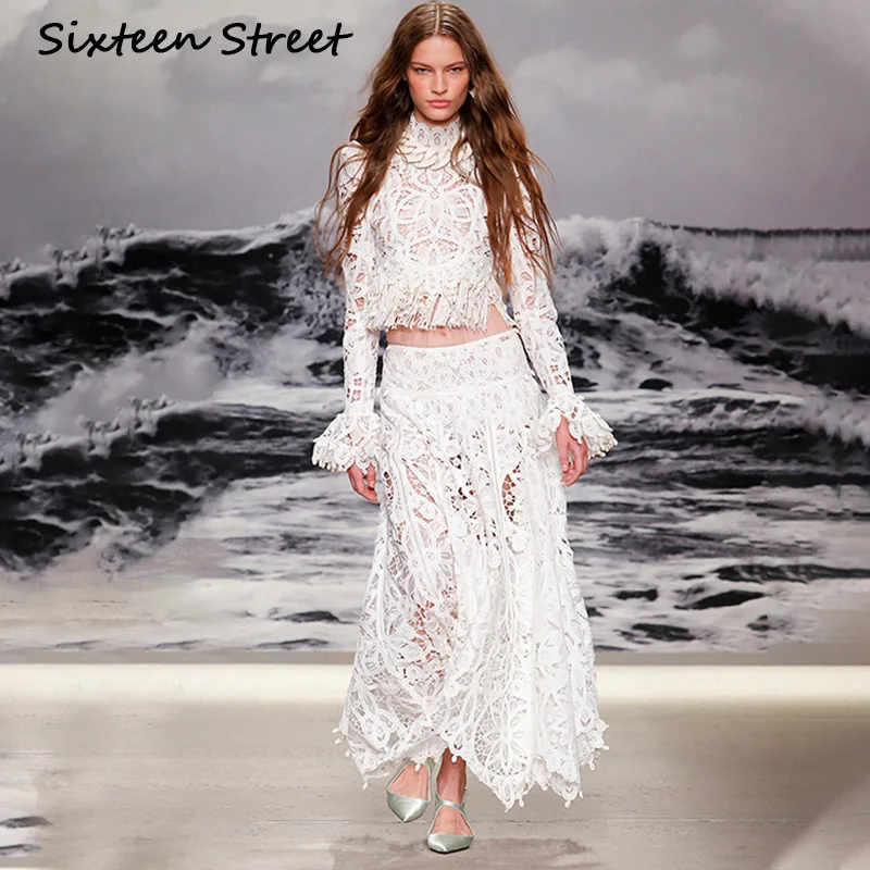 Nieuwe Vrouw 2 stuk sets wit kant flare mouw blouse en hoge taille maxi rok luxe tassel hollow top en rok herfst winter Nieuwe Vrouw 2 stuk sets wit kant flare mouw blouse en hoge taille maxi rok luxe tassel hollow top en rok herfst winter